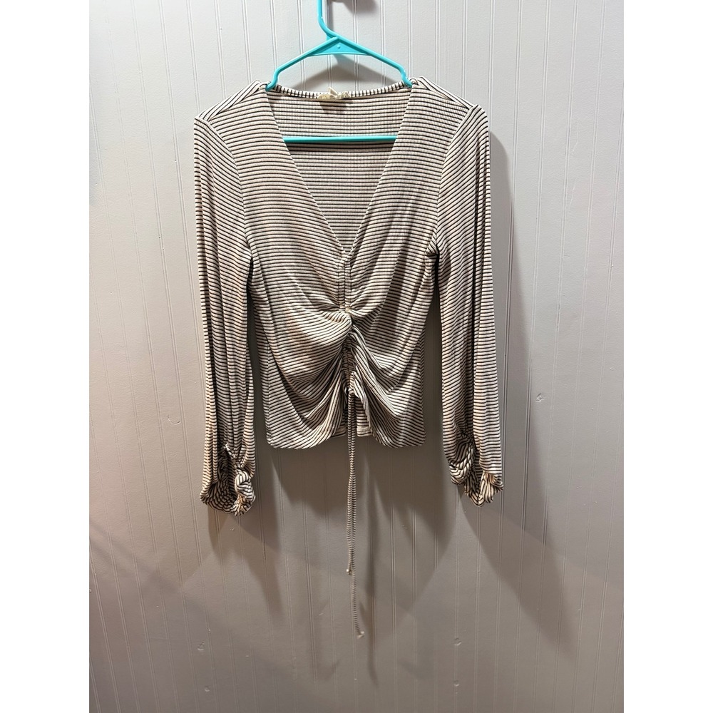 Mystree Striped‎ V-Neck Ruched Drawstring Front Long Sleeve Top Cream Black Med